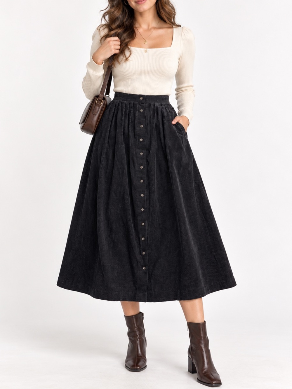 Averroe Vintage High Rise Corduroy Button Front Midi Skirt Sz 10